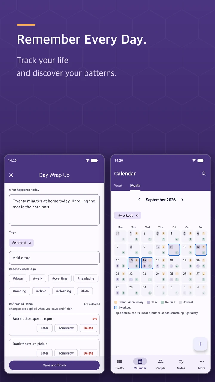 Calendar and Journal screens