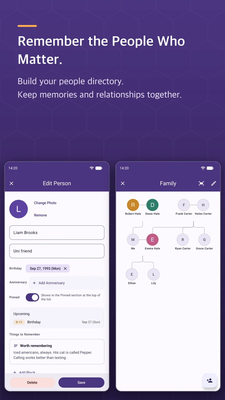 People directory and relation graph screens